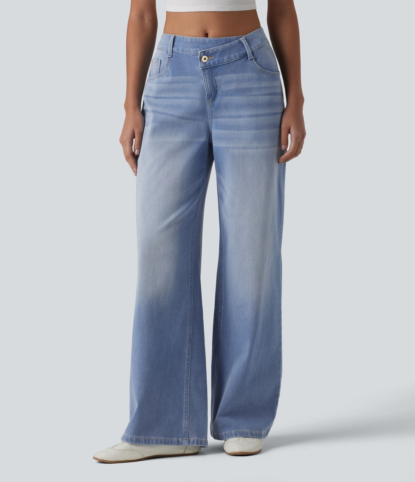 Halara Flex™ - Lässige Jeans mit hohem Crossover-Bund, mehreren Taschen und weitem Bein Halara Flex™ - Lässige Jeans mit hohem Crossover-Bund, mehreren Taschen und weitem Bein