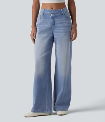 Halara Flex™ - Lässige Jeans mit hohem Crossover-Bund, mehreren Taschen und weitem Bein Halara Flex™ - Lässige Jeans mit hohem Crossover-Bund, mehreren Taschen und weitem Bein