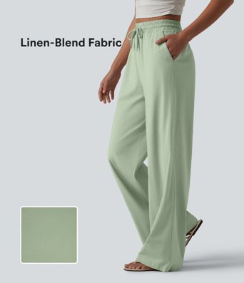 Lässige Hose aus Leinenmischgewebe mit hohem Bund, Seitentaschen, Kordelzug und weitem Bein