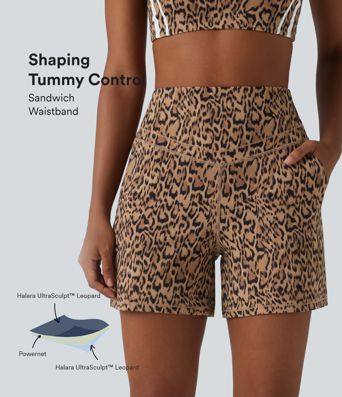 Halara UltraSculpt™ Leopard Print High Waisted Tummy Control Straight Leg Yoga Shorts 5'' with Pockets