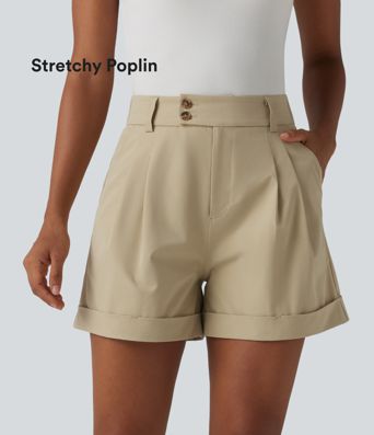 Short tailleur large en popeline stretch plissé taille haute avec ourlet roulotté et poches