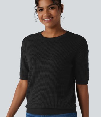 Round Neck Short Sleeve Waffle Casual Sweater