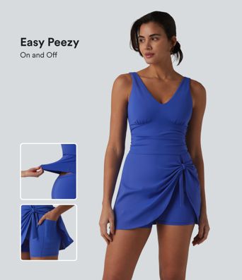 SoftlyZero™ Plush V Neck Built-in Bra Tie Side 2-in-1 Mini Yoga Active Dress with Pockets-Easy Peezy Edition