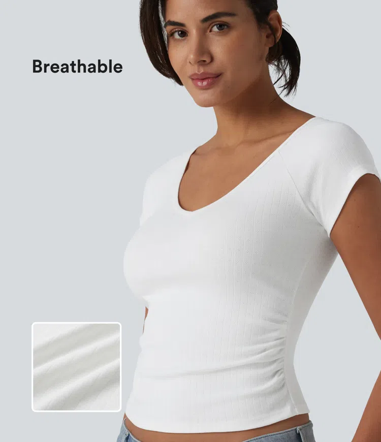 White V Neck Short Sleeve Ruched Casual T-Shirt / 1