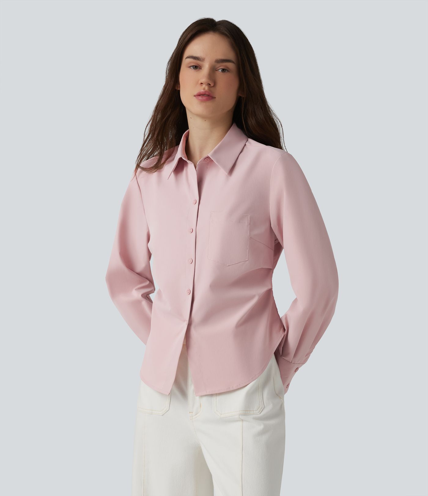 Long Sleeve Curved Hem Casual Shirt with Pocket