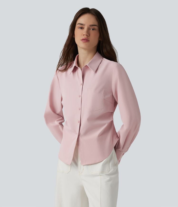 Long Sleeve Curved Hem Casual Shirt with Pocket