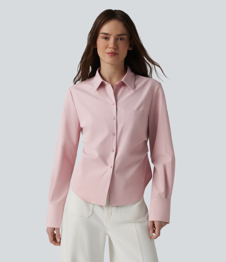 Long Sleeve Curved Hem Casual Shirt with Pocket