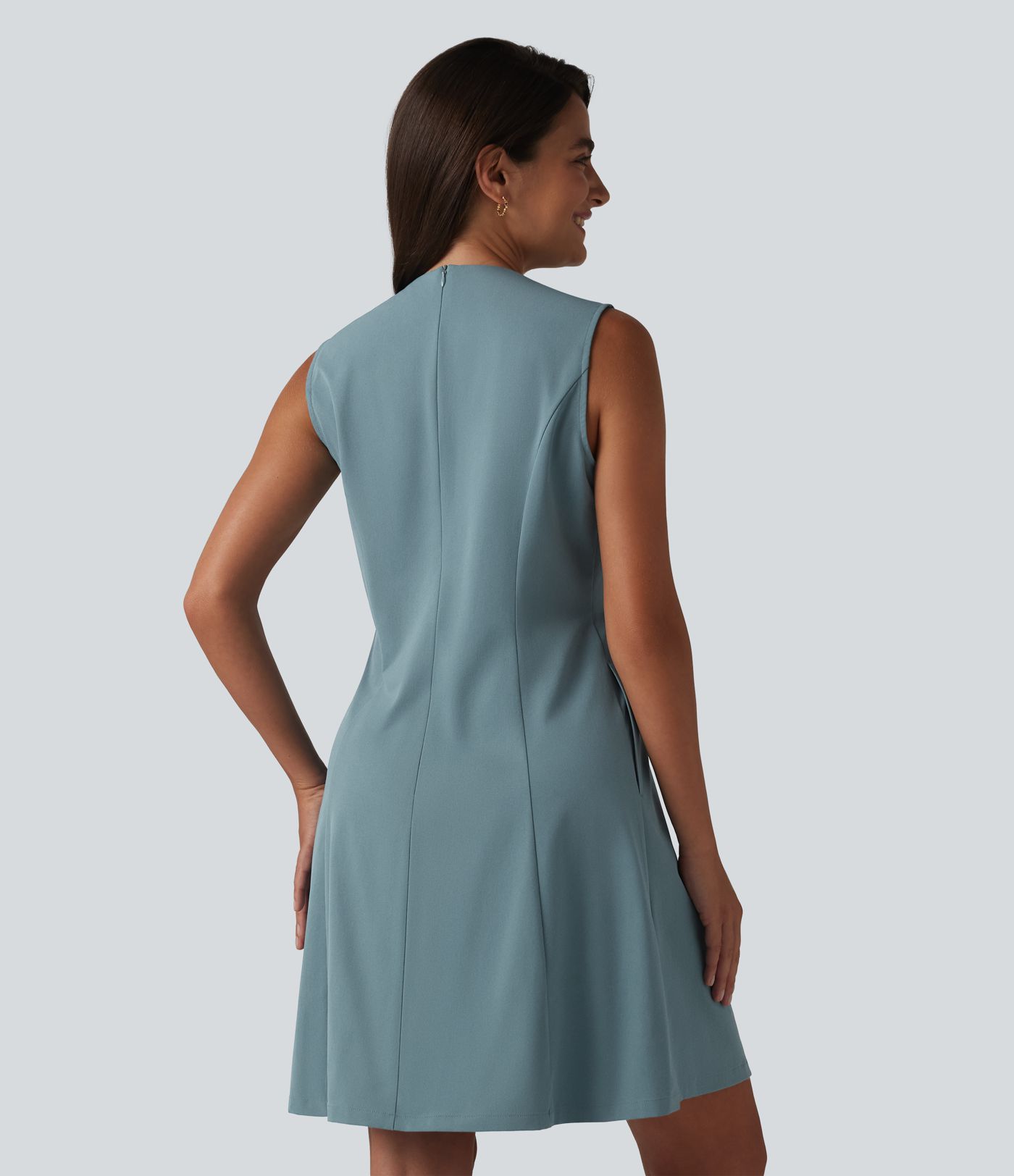 V-neck Sleeveless Pleated Invisible Zipper Mini A-line Stretchy Poplin Work Dress with Pockets