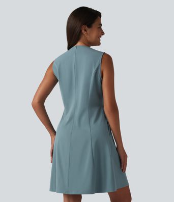 V-neck Sleeveless Pleated Invisible Zipper Mini A-line Stretchy Poplin Work Dress with Pockets
