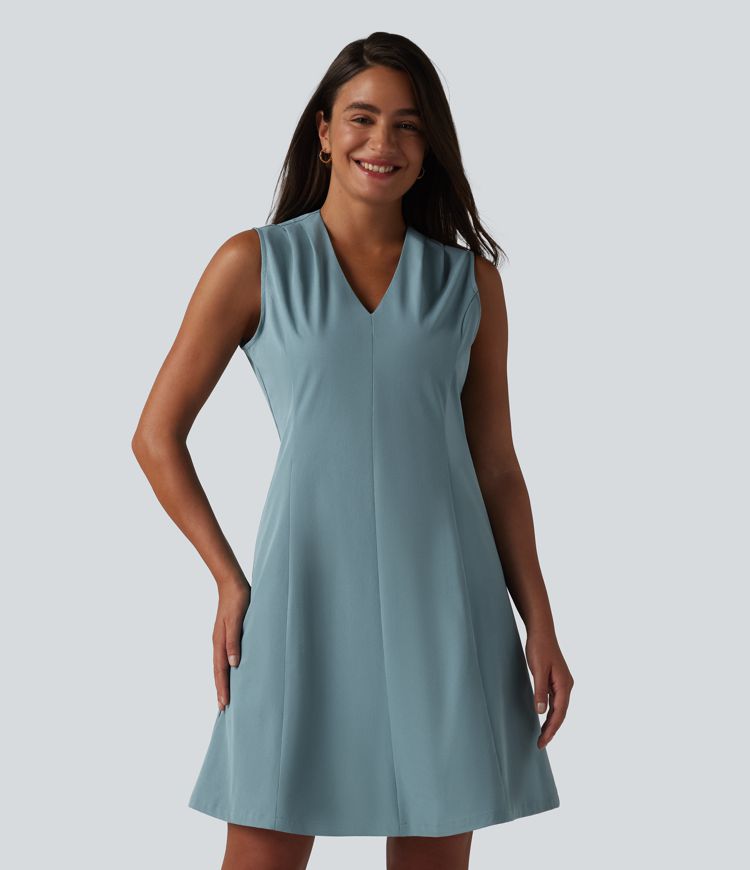 V-neck Sleeveless Pleated Invisible Zipper Mini A-line Stretchy Poplin Work Dress with Pockets