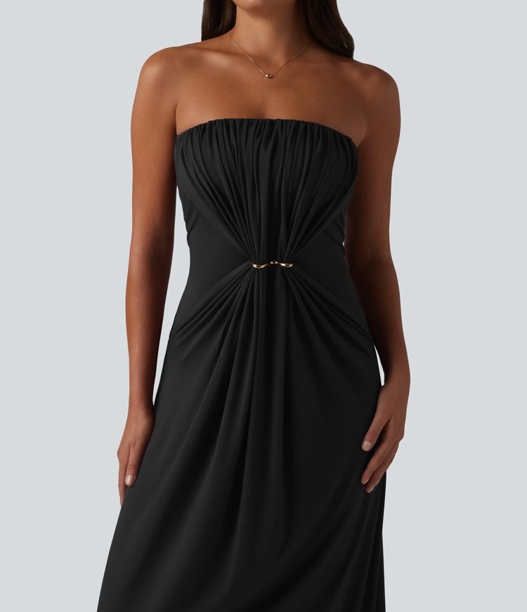 Tube Ruched Built-in Bra Maxi Casual Dress with Pockets