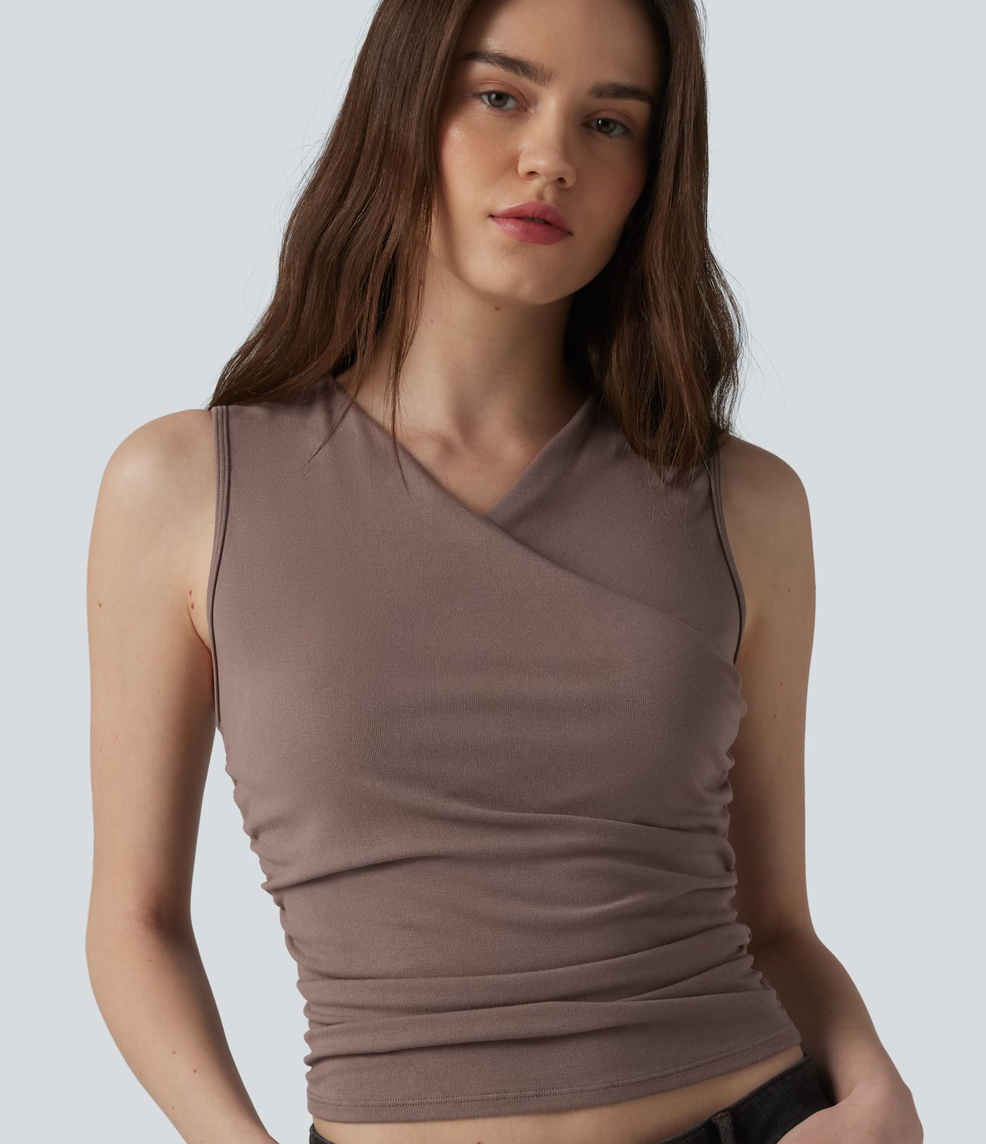 Ribbed Knit V-neck Crossover Ruched Casual Tank Top