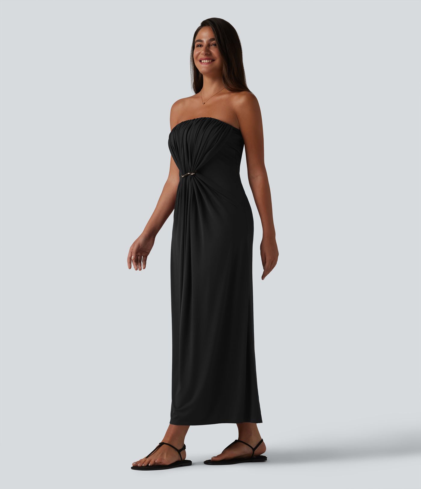 Tube Ruched Built-in Bra Maxi Casual Dress with Pockets