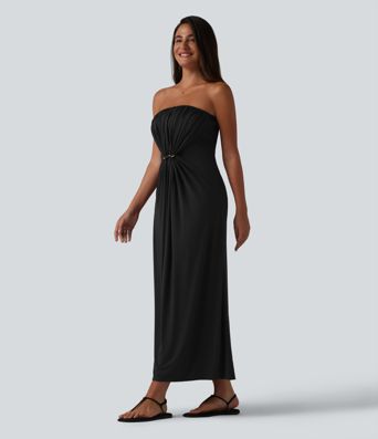 Tube Ruched Built-in Bra Maxi Casual Dress with Pockets