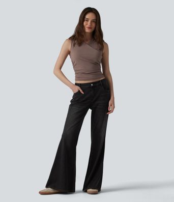 Ribbed Knit V-neck Crossover Ruched Casual Tank Top