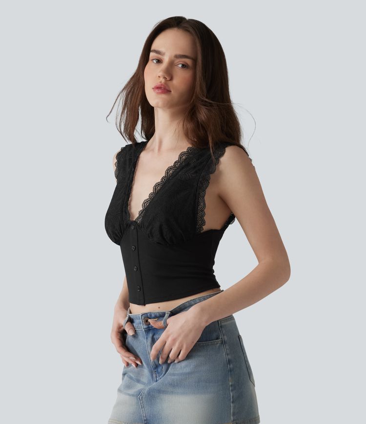 Casual V-neck tank top in ribbed knit and contrasting lace