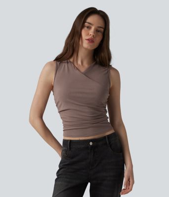 Ribbed Knit V-neck Crossover Ruched Casual Tank Top