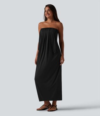 Tube Ruched Built-in Bra Maxi Casual Dress with Pockets