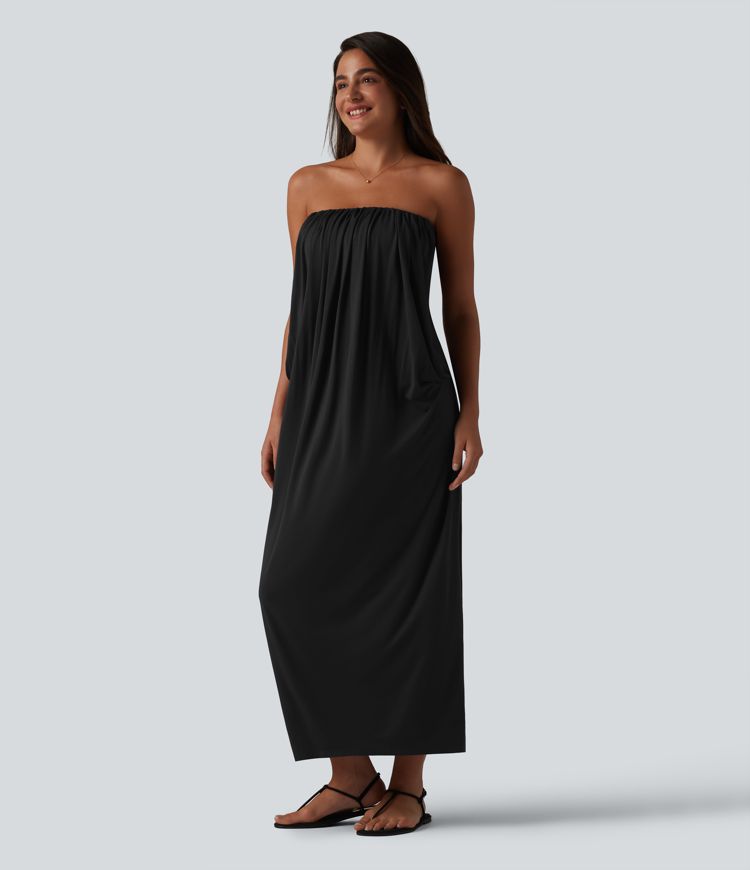 Tube Ruched Built-in Bra Maxi Casual Dress with Pockets