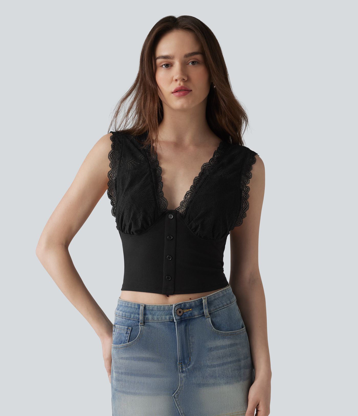 Casual V-neck tank top in ribbed knit and contrasting lace