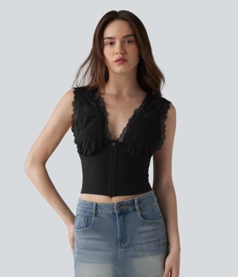 Casual V-neck tank top in ribbed knit and contrasting lace