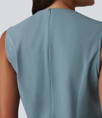 V-neck Sleeveless Pleated Invisible Zipper Mini A-line Stretchy Poplin Work Dress with Pockets