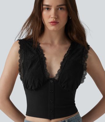 Casual V-neck tank top in ribbed knit and contrasting lace