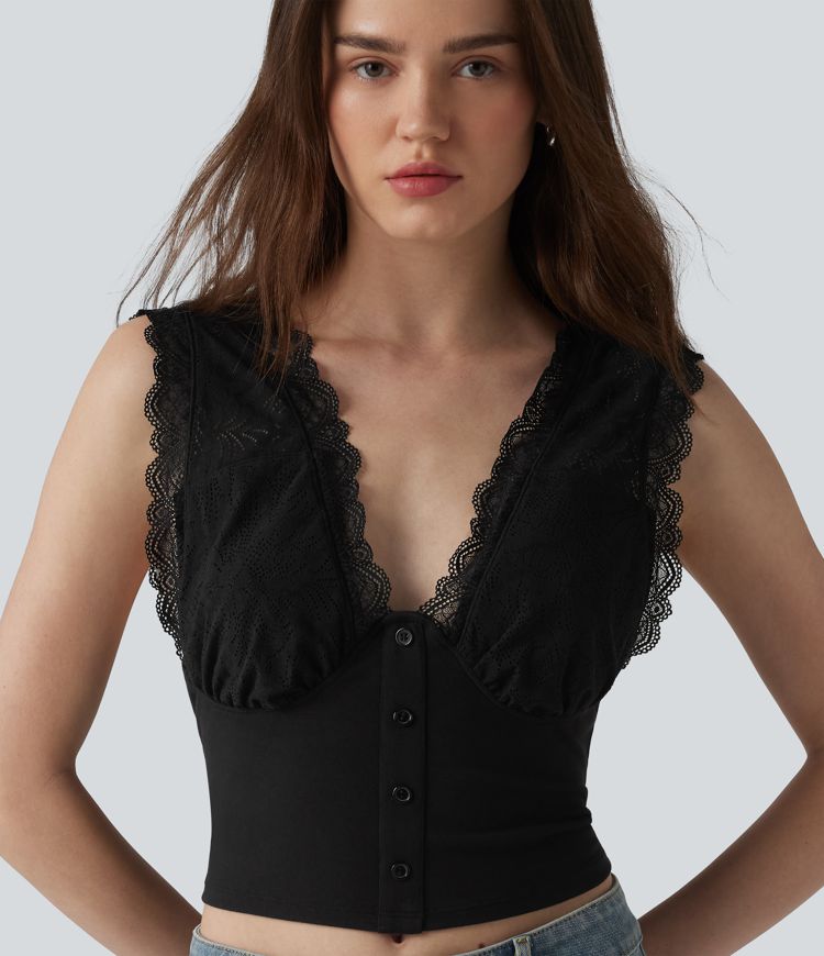 Casual V-neck tank top in ribbed knit and contrasting lace