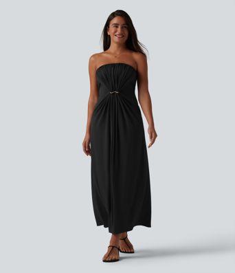 Tube Ruched Built-in Bra Maxi Casual Dress with Pockets