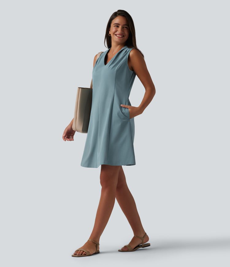 V-neck Sleeveless Pleated Invisible Zipper Mini A-line Stretchy Poplin Work Dress with Pockets