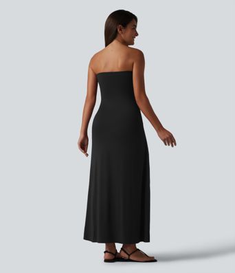 Tube Ruched Built-in Bra Maxi Casual Dress with Pockets