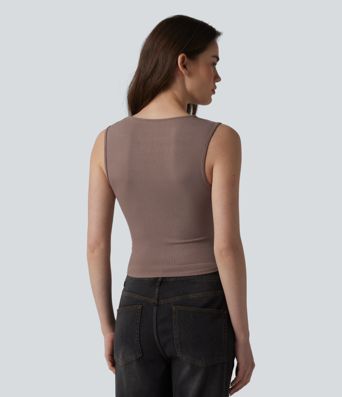 Ribbed Knit V-neck Crossover Ruched Casual Tank Top