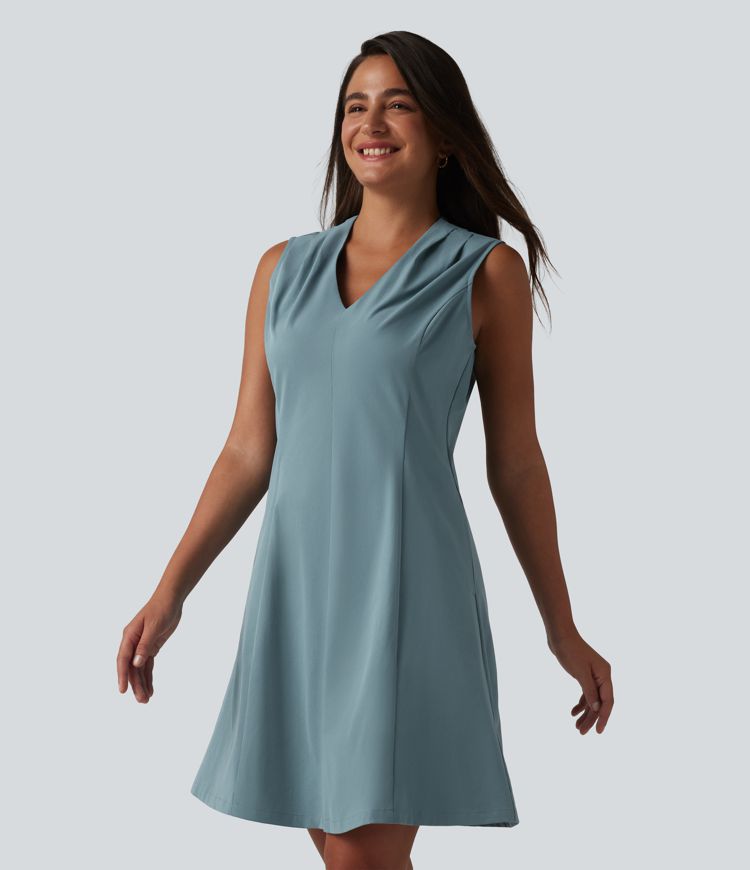 V-neck Sleeveless Pleated Invisible Zipper Mini A-line Stretchy Poplin Work Dress with Pockets
