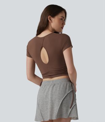 Halara Cotton Jersey - Lässiges, gerafftes T-Shirt mit Rundhalsausschnitt, Kordelzug und Schlüssellochrücken