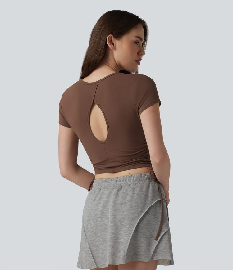 Halara Cotton Jersey - Lässiges, gerafftes T-Shirt mit Rundhalsausschnitt, Kordelzug und Schlüssellochrücken