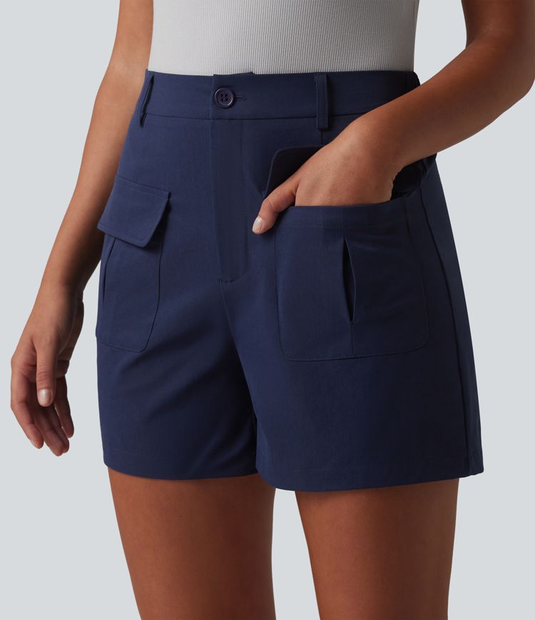 Office shorts made of elastic poplin with a mid-rise waist and side pockets - 10.2 cm