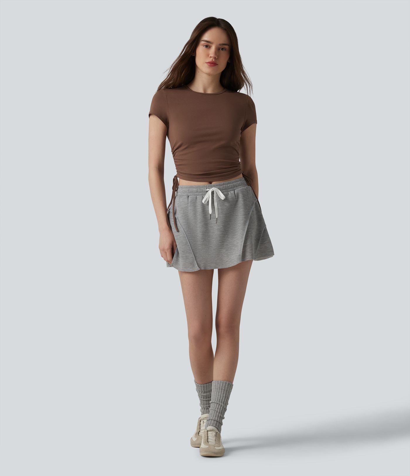 Halara Cotton Jersey - Lässiges, gerafftes T-Shirt mit Rundhalsausschnitt, Kordelzug und Schlüssellochrücken