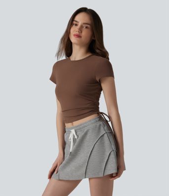Halara Cotton Jersey - Lässiges, gerafftes T-Shirt mit Rundhalsausschnitt, Kordelzug und Schlüssellochrücken
