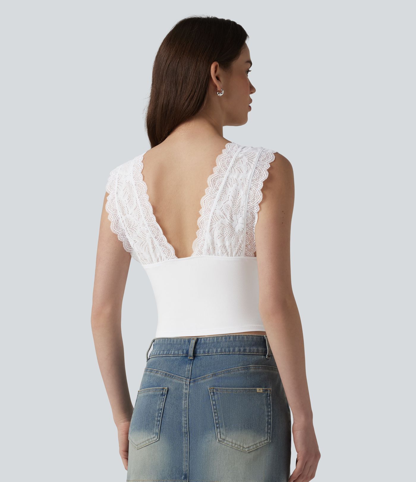 Ribbed Knit V Neck Contrast Lace Casual Tank Top