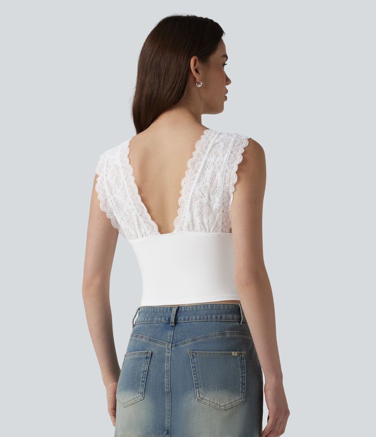 Ribbed Knit V Neck Contrast Lace Casual Tank Top