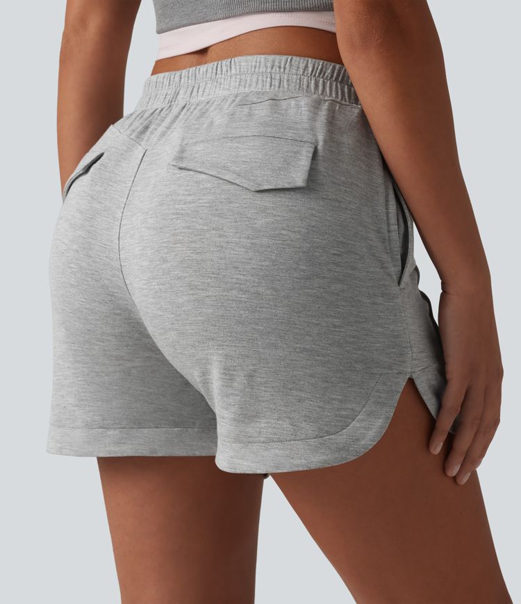 Mid Rise Pintuck Curved Hem Casual Shorts 3'' with Pockets