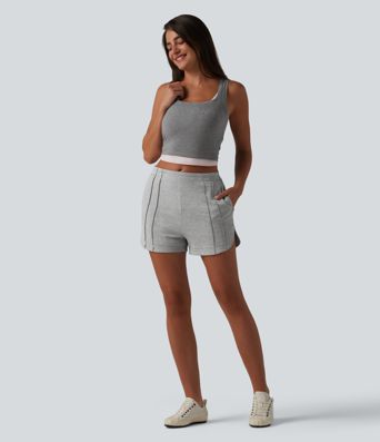 Mid Rise Pintuck Curved Hem Casual Shorts 3'' with Pockets