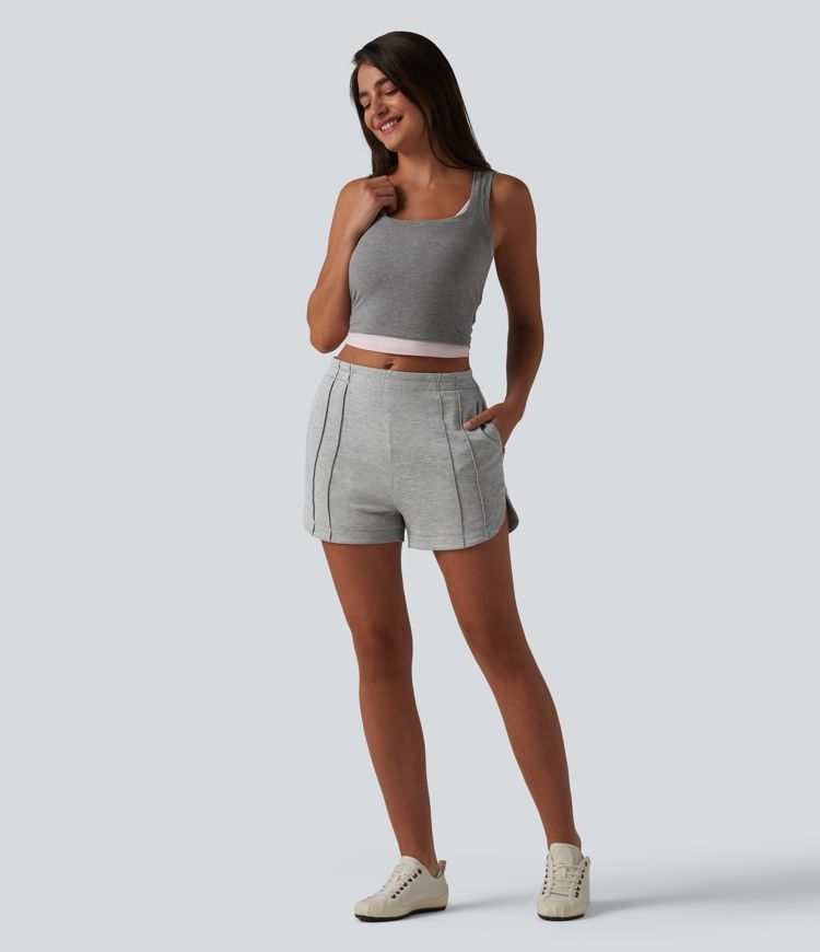 Mid Rise Pintuck Curved Hem Casual Shorts 3'' with Pockets