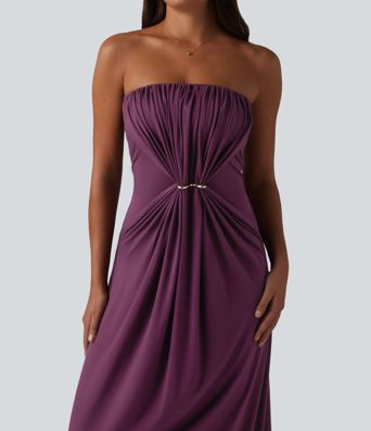 Tube Ruched Built-in Bra Maxi Casual Dress with Pockets