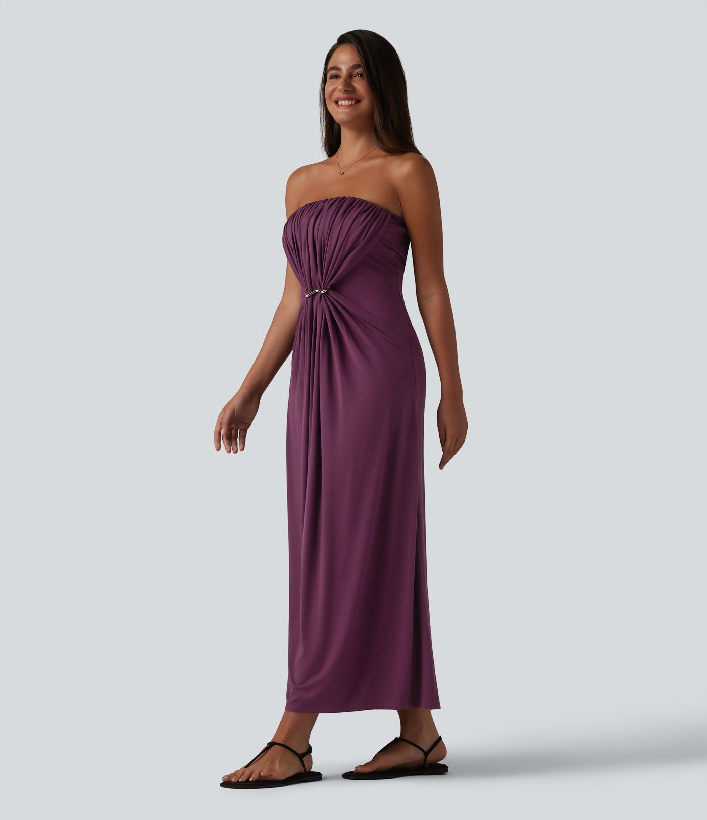Tube Ruched Built-in Bra Maxi Casual Dress with Pockets