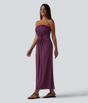 Tube Ruched Built-in Bra Maxi Casual Dress with Pockets