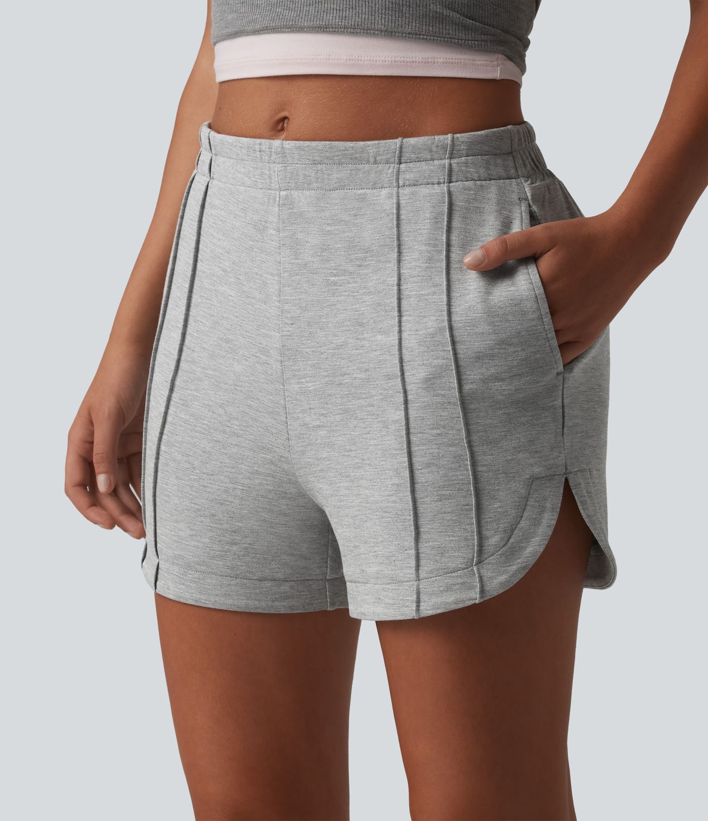 Mid Rise Pintuck Curved Hem Casual Shorts 3'' with Pockets