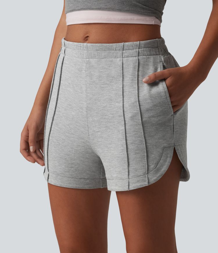 Mid Rise Pintuck Curved Hem Casual Shorts 3'' with Pockets