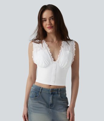 Ribbed Knit V Neck Contrast Lace Casual Tank Top