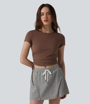 Halara Cotton Jersey - Lässiges, gerafftes T-Shirt mit Rundhalsausschnitt, Kordelzug und Schlüssellochrücken